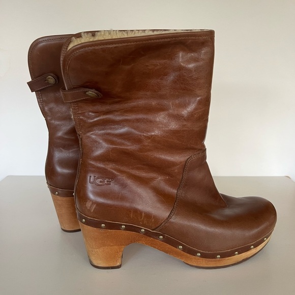 UGG 1958 Lynnea Leather Studded Foldover Clog Boot Shearling Cuff, Caramel, 9 - Picture 5 of 11